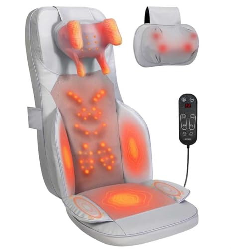 BWPIWPR Shiatsu Neck and Back Massage Cushion with Heat - 4D Kneading and Vibration for Muscle Relief, Dual-Neck Design, Adjustable Intensity and Height for Office Chair and Home Use, Grey