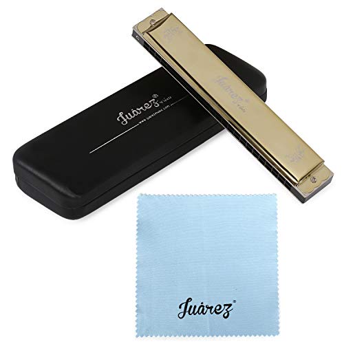 Image of JUAREZ JRH24GD 24 Holes Harmonica Key Of C Scale | Mouth Organ | Cover - Stainless Iron | Comb - Abs | Reed - Phosphor Bronze With Cloth & Case