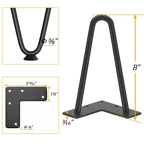 Genius Iron Hairpin Furniture Legs 8 Inch, 3/8" Solid Metal Steel Firm Welding Home Diy For Couch Dresser Cabinet Shelf Tv Stand With Rubber Floor Protectors, Black, 4 Pcs #TOP1