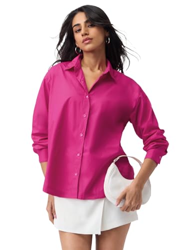 Image of The Souled Store Solids: Women and Girls Full Sleeves Spread Collar Solid Cotton Oversized Fit Lightweight Summer-Ready Casual Streetwear Boyfriend Shirt