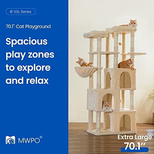 Image of MWPO Extra Large Cat Tree - 70.1-Inch Tall Cat Tower with 3 Cat Condos, Multi-Level Cat Stand for Large Cats Featuring Scratching Posts, Padded Perches, Hammock, Dangling Toys, Beige
