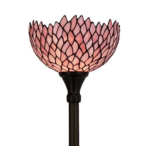 WERFACTORY Tiffany Floor Lamp Pink Stained Glass Wisteria Light 12X12X71 Inches Pole Torchiere Standing Corner Torch Uplight Decor Bedroom Living Room Home Office S523P Series