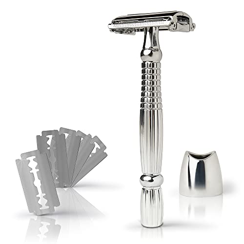 Rasoio Socialic® incl. 5 lame e supporto - rasoio di sicurezza in metallo di alta qualità per uomini e donne | rasoio monolama, ideale per la barba e per la depilazione del corpo, shavette