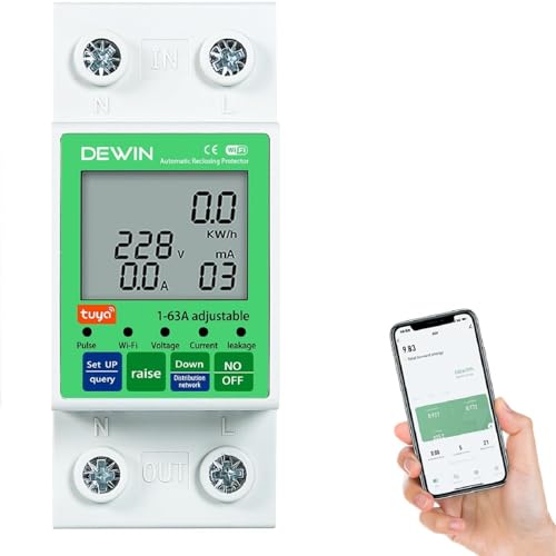 DEWIN Medidor de Consumo Electrico WiFi,2P 63A 80 300VAC Contador Electrico Medidor Inteligente Tuya Smart Medidor De Energía Inteligente Medidor de Monitoreo de Voltaje de Corriente