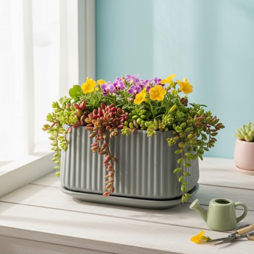 Image of Xtore Ceramic Ribbed Planter with Tray | Matte Finish | for Home & Office Decor - (Pack of 1, Pastel Green, Planter ONLY)