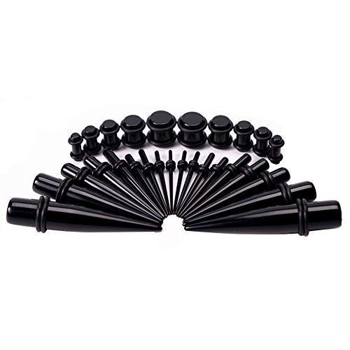 LLGL-EU Ohr-Stretching-Kit 50 Stück 14G-00G Ohr Messgeräte Expander Set Acryl Verjünger und Stecker & Silikon Tunnel Piercing-Schmuck-Set (Black)