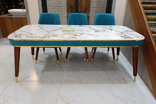 Image of WOODEN SPACE 6-Seater Wooden Dining Table Set | Nano Composite Marble Top | Solid Wood Base | Modern Dining Room Furniture with 6 Chairs (Blue)