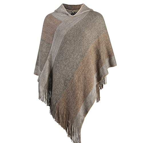 Image of Women's Elegant Knitted Shawl Poncho with Fringed V-Neck Striped Sweater Pullover Cape Gifts for Women Mom