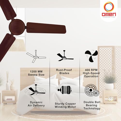 Image of Omen Changing Lives Aeroclassic 1200mm Ceiling Fan for Home | BEE Star Rated | Decorative Fan & Elegant Design | High Air Delivery | Double Ball Bearing | 2 Year Warranty| (Brown)