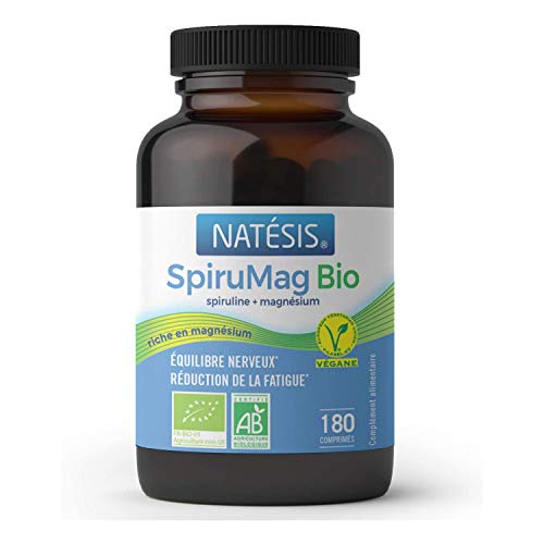 NATESIS  SPIRUMAG Bio - Spiruline bio + Magésium d'algues bio  Complément alimentaire  Vitalité, immunité, énergie  180 comprimés à 500 mg  90 g