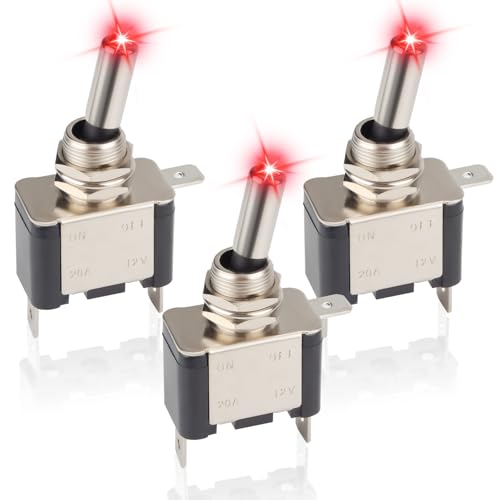 3 PCS LED Lighted Rocker Toggle Switch, 12V SPST 3 Pin 2 Position ON/Off Rocker Switch, 20A Heavy Duty Marine Toggle Switch, Illuminated Toggle Switchs for Car RV Vehicles Truck Boat (Red)