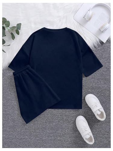 Image of Verdusa Girl's Tracksuit Sets 2 Piece Outfits Letter Print Vacation Tee Top and Drawstring Waist Shorts