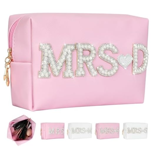 Silongder Bolsa de maquillaje para novia, con diamantes de imitación y perlas, bolsa de aseo de viaje, bolsa de maquillaje de poliuretano, impermeable, regalo para despedida de soltera, boda, dama de