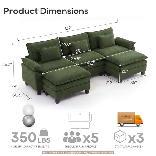 Image of URRED Oversized Modular Sectional Sofa,Solid Green:122 inch U Shaped