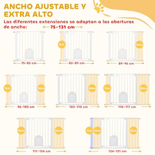 Miniatura 7 de Pawhut Barrera De Seguridad Para Perros Extensible 75-131 Cm, Para Puertas Y Escaleras, Barrera Para Perros Con Puerta Pequeña, 3 Extensiones, Montaje A Presión Y Doble Bloqueo, Blanco