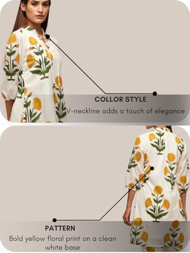 Image of Leriya Fashion White Kurti Set for Women | V-Neck Straight Kurta Sets for Woman | Summer Co ord Set For Women Stylish | Ethnic Kurtis for Office Outfit | Floral Printed Kurtis 3 /4 Sleeve