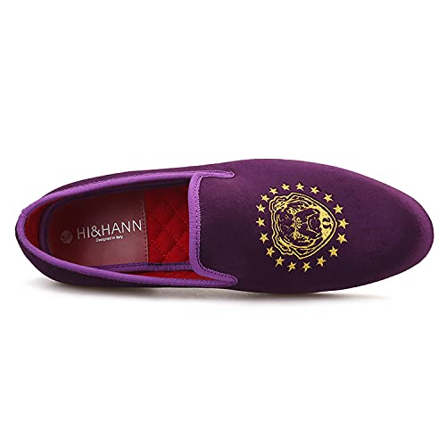 HI&HANN Purple Color Velvet Men Loafers with Delicate Embroidery Shoes Slip-on Loafer Round Toes Smoking Slipper3