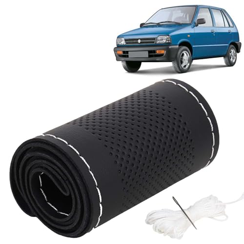 Image of KINGSWAY PU Leatherite Car Steering Cover Sewable Compatible with Maruti Suzuki 800 (Year 2000-2014), Black Color with Silver Thread, Pack of 1 with Sewing Needle and Thread
