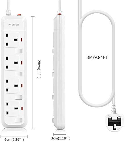 Mscien 3M Extension Lead Surge Protected 4 Way Plug Extension Socket Wall Mounted with 3 Meter Extension Cord For Home,Office.