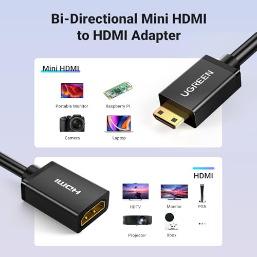 Image of UGREEN Mini HDMI to HDMI Adapter 4K 60Hz Male to Female Adapter Compatible with Raspberry Pi, Portable Monitors, DSLR Cameras, Camcorders, Laptops, Projectors, Tablets Graphics Cards 0.6FT (Pack of 2)