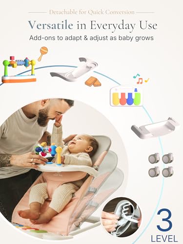 Image of Cuddo Baby Bouncer 4-in-1 |Pianos, Feeding Tray, Play Bar, Wheels| Pink | Grow with Baby, Breathable Mesh, 3-Level Recline Foldable Seat, for Infant to Toddler, Girl Gift Idea