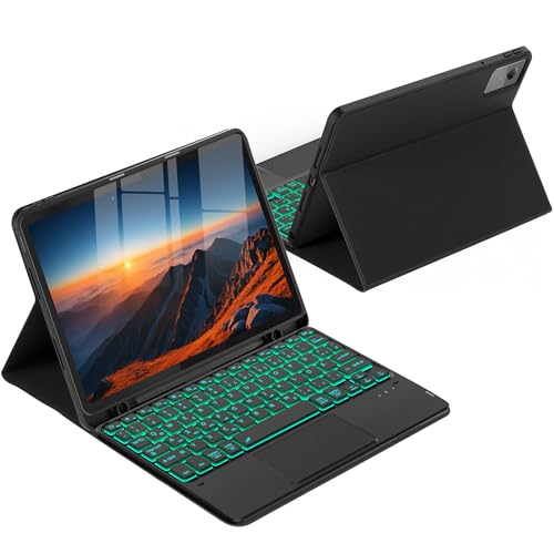 CACOE Tastatur Hülle für Lenovo Idea Tab 2025 11 Zoll (TB-336ZU TB-336FU) mit Touchpad, 7-Farbige Hintergrund Beleuchtung, Abnehmbare Kabellose [QWERTZ] Tastatur Hülle mit Stützfunktion, Schwarz