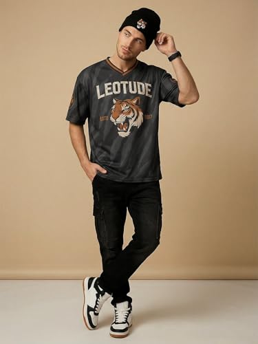 Image of LEOTUDE Men's Tiger Graphic Printed Oversized T-Shirt | Bold Black Sports Jersey Style Tee | Half Sleeve Casual Streetwear for Men's (Color:Black)