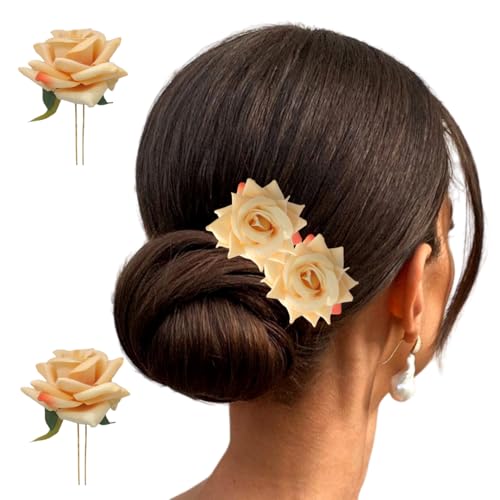 Image of Hair Flare Artificial Plastic & Metal Rose Flower with An Abundance of Petals Design Hairpin /Hair Clip /Judabun | Bridal Hair Accessories, Wedding, Festival for Women & Girls - 2700, Set of 2