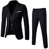 Men's 3 Pieces Business Suit 1 Buttons Slim Solid Color Jacket Tuxedo Suits Elegant Wedding Formal Blazer Vest Pants (Black,Medium)
