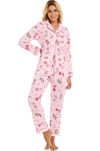 Image of LUBOT 100% Cotton Pajamas for Women Pajama Set 2 Piece PJ Sleepwear Set Soft Ladies Button Knit Long Sleeve Loungewear XS-XXL
