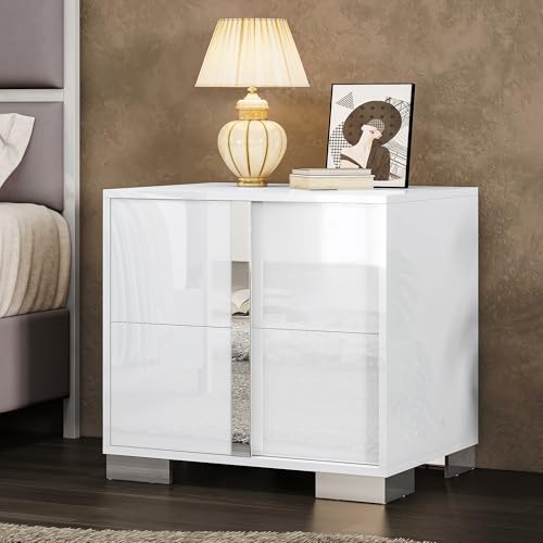 Image of AMERLIFE Nightstand, 23.6'' Modern End Table with Drawers, High Gloss UV Finish, Electroplated Pull Handle, Bedside Table for Bedroom, White