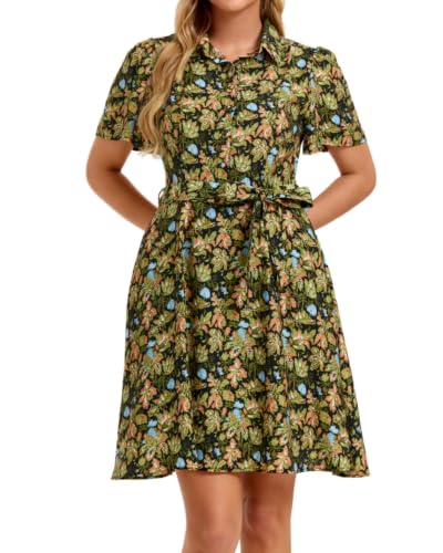 Image of Women Long Sleeve Spring Button Down A-Line Floral Print Summer Cocktail Shirt Dresses with Belt