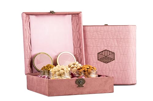Image of Browntree Dry Fruits Gift Hamper Pink Fancy-4P (700g) |Cashewnut, Almond, Raisins & Pista | Premium Box with Glass Jars| Healthy Dry Fruit Box for Corporate Gifts & Festive Gifting | Ideal Gift box for All Celebration