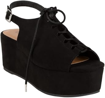 Qupid Lace Up Buckle Wedge Heels Black 