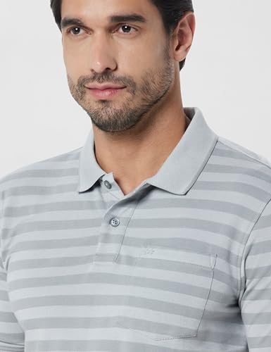 Image of Peter England Men's Cotton-Polyester Blend Striped Polo T-Shirt | Casual Wear | Durable & Trendy