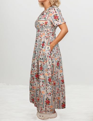 Image of Women's Summer Boho Maxi Dresses Floral V Neck Tiered Short Sleeve Long Dress Flowy Beach Vacation Dress with Pockets