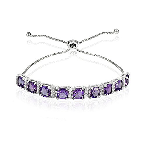 B. BRILLIANT Sterling Silver African Amethyst & White Topaz Cushion-Cut Adjustable Tennis Style Bolo Bracelet for Women Teens Girls