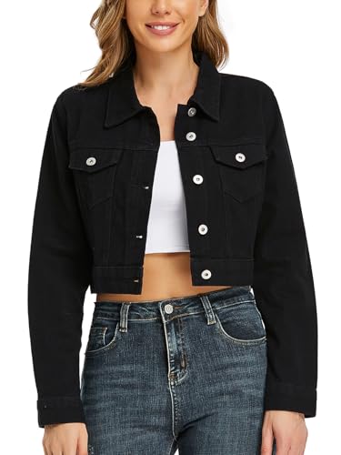 J.Corrine Women's Cropped Jean Jacket Long Sleeve Basic Button Down Casual Vintage Washed Short Denim Jacket with Pockets Black 2XL