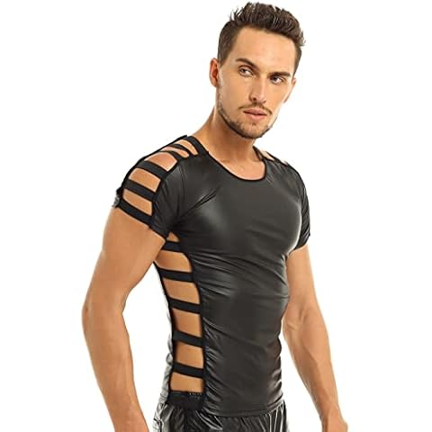 Jowowha Men's Wet Look Short Sleeve Cut Out T-Shirt Faux Leather Nightwear Tops Undershirt Black L Cover
