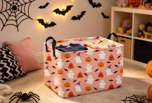 Image of Rectangle Kids Baskets Hallowee Basket Pink Storage Bin Fish Box for Room Decor Gift Basket(Pink ghost)