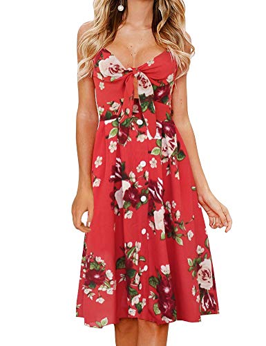 Image of FANCYINN Womens Tie Front Button Down A-Line Dresses Summer Spaghetti Strap Midi Dress Floral Prints