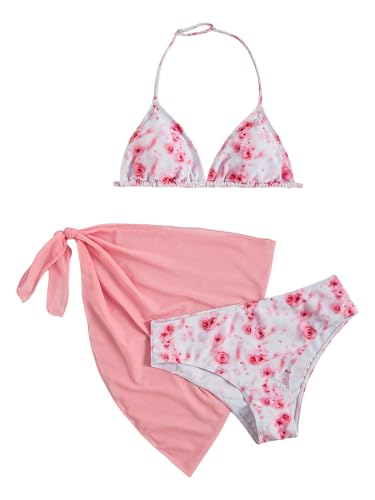 Image of SOLY HUX Girl's Summer Swimsuit Set Floral Halter Triangle Bikini Set with Wrap Skirts Beachwear