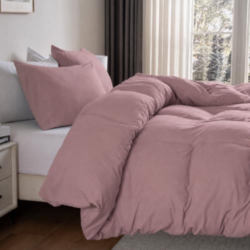 Image of Soft Washed Lavender Duvet Cover Set Queen Size,2 Pillow Shams,No Comforter | Prewashed Microfiber, 4 Corner Ties, Button Closure, Ultra Soft, Cotton-Like, All Seasons, Queen Duvet Cover 90x90 in