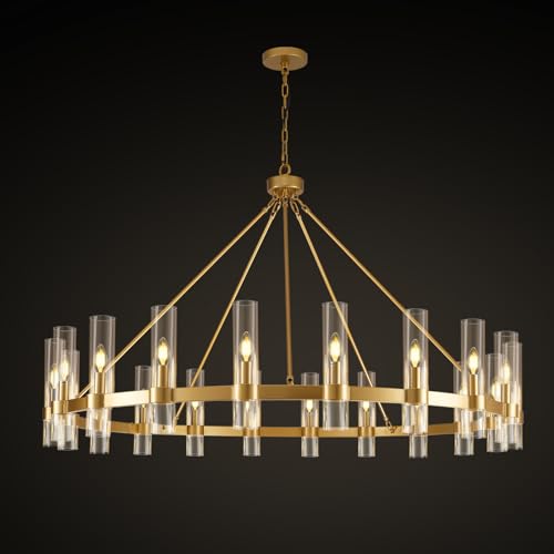 Gold Wagon Wheel Chandelier, 60 Inch Chandeliers with Glass Shade, 20 Light Chandelier for High Ceiling, Modern Farmhouse Chandeliers for Living Room, Dining Room, Entryway, Stairwell(Bulbs Included)