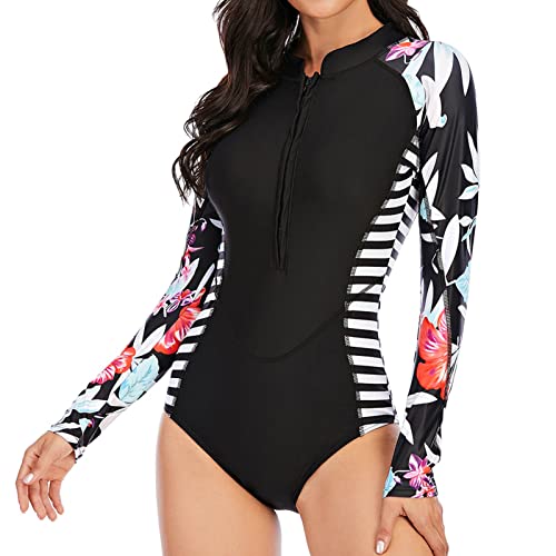 Women Wetsuit, Women Surfing Clothes Long Sleeve Sun Protecting Front Zip Black Diving Suit for Swimming Surfing (XXL)