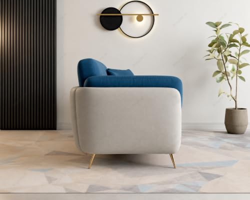 Image of 3 Seater Dual Color Sofa, Velvet Fabric (Blue & Off-White) | Solid wood structure, premium velvet upholstery, sturdy golden legs, ideal for living room seating.