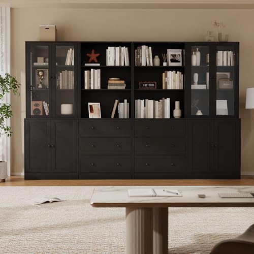 TUSY 71' H Bookshelf with Storage, 6-Tier Modern Bookshelves with 3 Large Drawer, Display Bookcase with Glass Doors, Modern 5-Tier Curio Cabinet for Home Office, Dining Room (Black, ABBA)