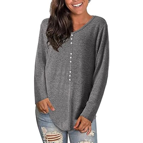 Xpenyo Womens Long Sleeves Tops Casual V Neck T Shirts Solid Color Jumpers Loose Blouse Shirt for Winter Deep Grey Mix Size 14-16 Cover