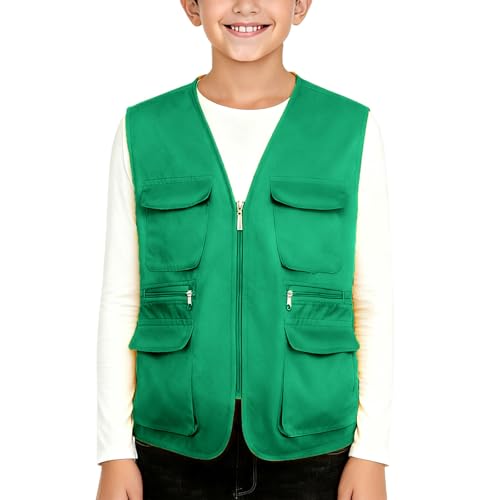 Boys Cargo Vest Zip up Tactical Utility Vest Sleeveless Military Vests Outdoors Adventure Travel Camping with Pocket Green