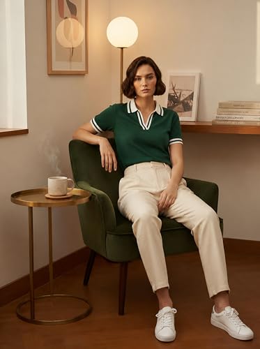 Image of FYLTR Women's Modern V-Neck Striper Collar Solid Polo T-Shirt - Contrast Tipping Details | Regular Fit | T-Shirts for Women | Open Placket